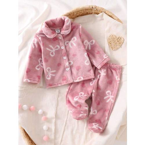 2pcs Newborn Baby Girls' Cute Bow Pattern Long Sleeve Top And Pants Casual Comfortable Pajama Set Soft Baby Girl Pajamas Baby Girl Fleece Pajamas | SHEIN USA