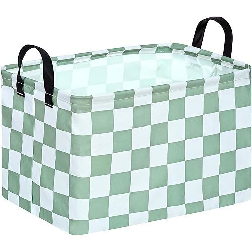 Sage Checkered Storage Basket Baby Toys Organizer Bins Decorative Gifts Bakset Waterproof Nursery Hamper Women Storage Cube Kids Laundry Basket for Home/Dorm/Kitchen/Pet/Office/Closet/Shelf/