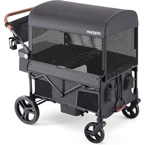 Harppa Remy Wagon Stroller for 4 Kids, Foldable 4-Seater Stroller Wagon with Mosquito Net Canopy,Snack Tray, All-Terrain 11" Wheels, 220Ibs Capacity for Beach,Zoo,Growing Family Outings Toddler Grey
