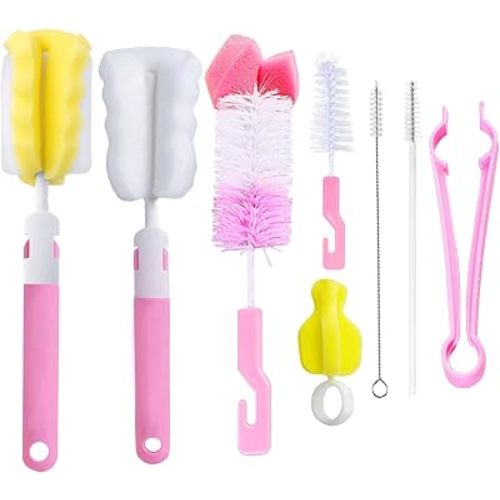Bottle Brush 8 Pack Cup Cleaner Sponge Brush Set Detachable Long Handle Bottle Cleaner Set Baby Nipple Brushes, Straw Brushes, Bottle Clamp (Pink)
