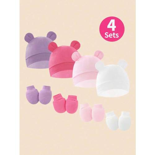 4pcs/Set Solid Color Newborn Baby Beanie Hat + Anti-Scratch Mittens Gift Set, Suitable For Infants 0-6 Months Old, Casual Wear For Spring, Summer, Autumn And Winter | SHEIN USA