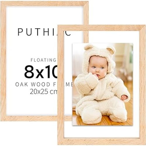 puthiac 8x10 Floating Picture Frames - 8"x10" Solid Oak Wood Picture Frame, Double-Sided High-Transparency Tempered Glass Floating Picture Frames 8x10,5x7,4x6 Oak Wood Frame(Set of 1)