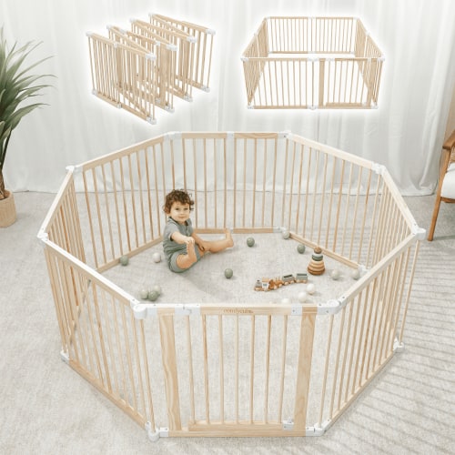 Comfy Cubs Baby Playpen and Gate, Foldable Wooden, 228 Inch Extension