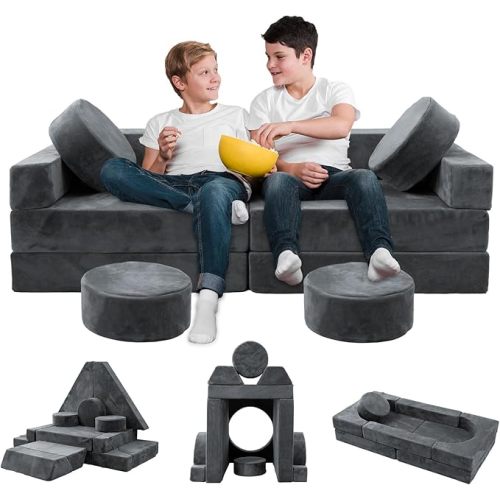 HOMFINE 16pcs Modular Kids Play Couch, Kids Toddler Couch, Child Sectional Sofa, Versatile Kid Sofa for Playroom Bedroom, Convertible Foam and Floor Cushion for Boys and Girls, Grey