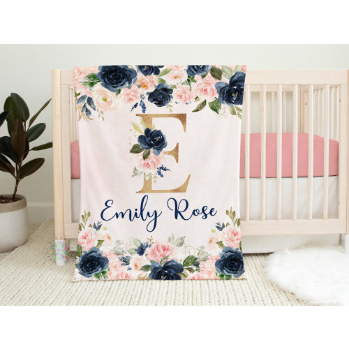 Blush Pink Navy Floral Girl Name Blanket, Watercolor Flowers  Newborn Baby Girl Personalized Blanket, Baby Shower Gift   B1437