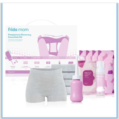 Frida Mom 11pc Postpartum Essentials Kit Gift Set, Hospital Bag Must Haves for New Mom, Includes 4 Disposable Postpartum Underwear, 4 Ice Maxi Pads, Perineal Healing Foam & 24 Pad Liners & Peri Bottle