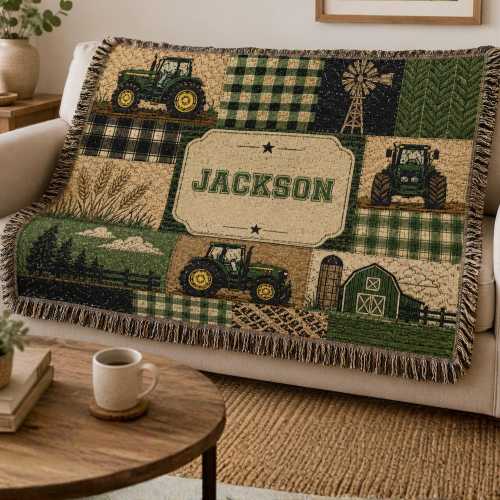 Personalized Tractor Woven Blanket Farmhouse Throw Custom Name Farm Nursery Decor Rustic Country Baby Blanket Barn Room Gift