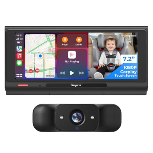 Babyvue BV7 Baby Car Camera with Carplay, 7.2" Split Screen and Recording | HD1080P Touch Screen,Auto IR Night Vision, Foldable Stand, Sleep Mode, Easy Install & Quick Pairing for Safer Driving