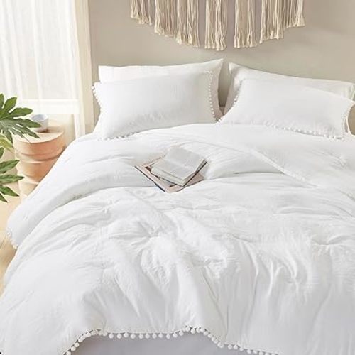 Codi White Boho Twin Comforter Set for Girls, Aesthetic Luxurious Pom Fringe Design Bedding,Cute Soft Washed Microfiber Bed Sets, Lightweight Chic,1 Comforter & 1 Pillowcase