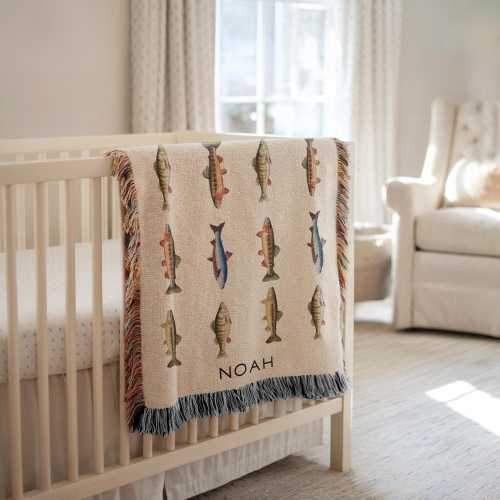 Personalized Golden Trout Baby Blanket, Fishing Nursery Decor, Custom Name Fishing Baby Blanket, Golden Trout Woven Blanket, Gift For Baby