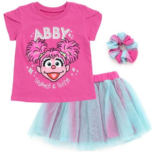 Sesame Street Abby Cadabby Infant Baby Girls T-Shirt Tulle Mesh Skirt and Scrunchie 3 Piece Outfit Purple / Blue 18 Months