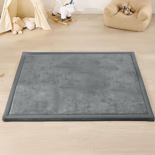 1.3" Thick Baby Floor Play Mat, 50x74 Padded Foam Tummy Time Crawling Mat, Non-Slip Water-Repellent Soft Plush Nursey Area Rug for Playroom Bedroom Living Room (Dark Gery)
