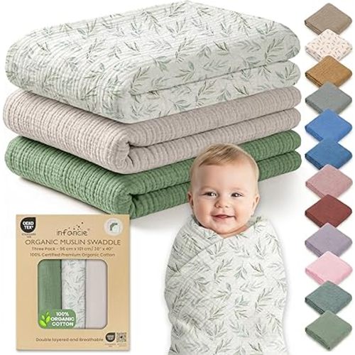 Organic Cotton Muslin Baby Blanket - 47x47 Inch Breathable Swaddle, Hypoallergenic Double-Layer, Versatile Use (Green/Ivory/Floral, 38x40 Inch)