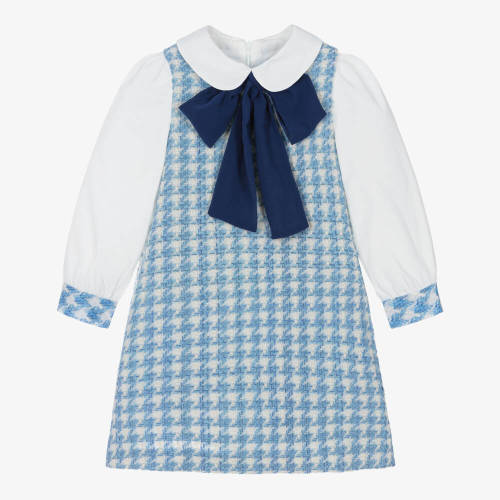 Piccola Speranza - Girls Blue & White Houndstooth Tweed Dress with Bow | Childrensalon