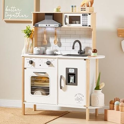 Tiny Land Play Kitchen for Kids, Wooden Kids Play Kitchen Playset Chef Pretend Play Set for Toddlers with Real Lights & Sounds, Toys Kitchen with 18 Pcs Toy Food & Cookware Accessories