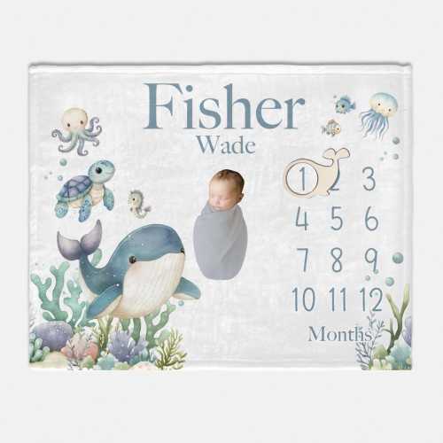 Whale Milestone Blanket, Under The Sea Milestone Blanket, Baby Boy Ocean Life Blanket, Month Baby Blanket, Whale Under The Sea Nursery O53