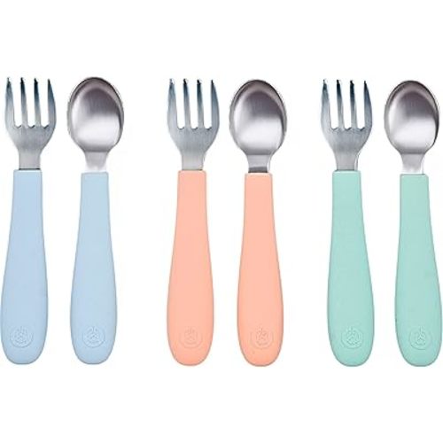 WeeSprout Toddler Utensils, 3 Forks & 3 Spoons, 18/8 Stainless Steel & Food Grade Silicone, Thick Easy-Grip Handles, Perfect Length For New Self Feeders, Gentle On Gums & Teeth, Dishwasher Safe