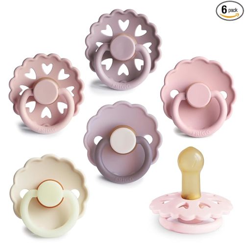 FRIGG Natural Rubber Baby Pacifier 6-Pack Blooming Love | Made in Denmark | BPA-Free (6-18 Months)