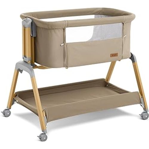 3 in 1 Baby Bassinet, Rocking Bassinets with Comfy Mattress and Wheels, Adjustable Height Bassinet Bedside Sleeper, Easy Folding Portable Crib for Newborn (Khaki)