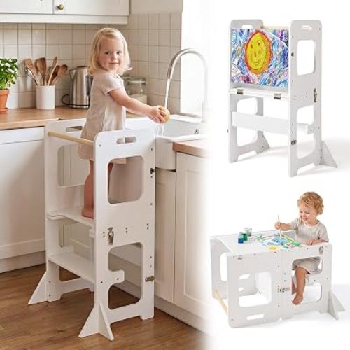 labebe Toddler Standing Tower for 12M+, Montessori Foldable Learning Standing Tower with Blackboard, Anti-tip Structure Design,Wooden Kitchen Step Helper Stool for 1-3 Year Old Boy Girl Gift