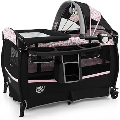 BABY JOY 4 in 1 Pack and Play, Portable Baby Playard with Bassinet & Flip-Away Changing Table, Canopy, Infant Bassinet with Storage Basket, Oxford Bag from Newborn to Toddlers (Pink Flower)