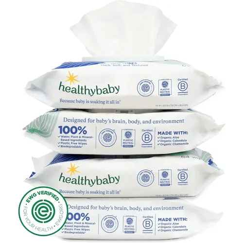HealthyBaby Our Wet Wipes | EWG Verified Safe | 100% Water & Plant Based | Unscented & Safe for Sensitive Skin | Fragrance Free and Totally Chlorine Free (4 packs, 256 wipes)