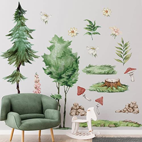 Woodland Wall Decals Peel and Stick, Watercolor Forest Tree Wall Stickers Removable Trees Mushrooms Wall Art Decals for Babys Kids Room Nursery Playroom Classroom Decor 214