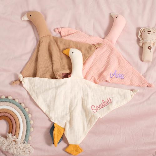 Custom Name Embroidered Muslin Goose Lovey Blanket, Infant Security Comforter, Sleep Soother Gift