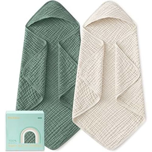 Yoofoss Hooded Baby Towels for Newborn 2 Pack 100% Muslin Organic Cotton Baby Bath Towel with Hood for Babies, Infant, Toddler and Kids, Large 32x32Inch, Soft and Absorbent Newborn Essential