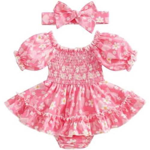 Newborn Infant Baby Girl Smocked Bubble Summer Short Sleeve Romper Dress Pink Bow Onesie + Headband