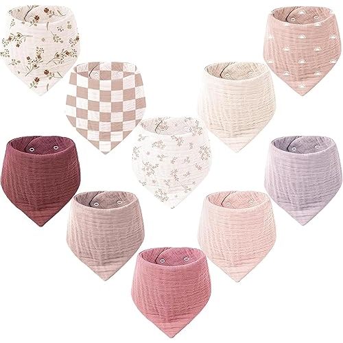 Konssy Muslin Baby Bibs 10 Pack Baby Bandana Drool Bibs 100% Cotton for Unisex Boys and Girls, Soft Absorbent Set for Teething and Drooling