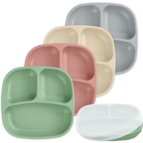 Re-Play Toddler Plates with Dividers & Silicone Lid - Deep-Walled 3 Compartments Divided Plates for Kids - Dishwasher/Microwave Safe - Made in USA - Set of 4-7.37" x 7.37" x 1.25" - Desert Sands