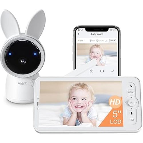 Arenti Baby Monitor, 2K Smart Baby Camera with 5-Inch Upgraded Wireless Display, Super Night Vision, Two Way Audio, Cry & Motion Detection, WiFi 6，Lullabies, Temp & Humidity Sensor
