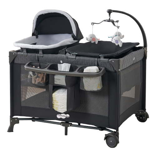 Pamo Babe 4-in-1 Baby Playard with Bassinet & Changing Table for Newborn,Grey