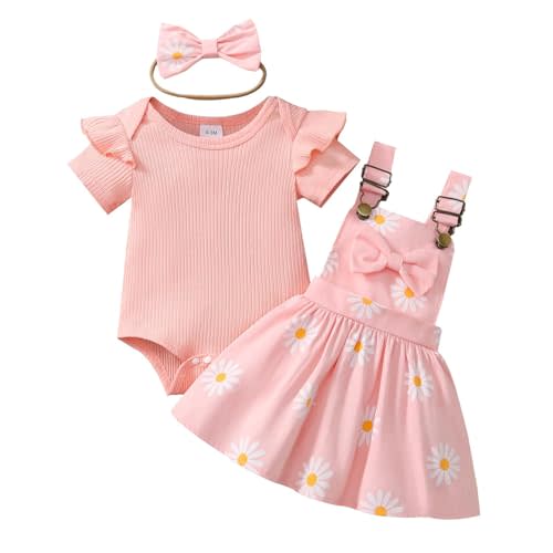 Newborn Baby Girl Summer Overall Dress Infantl Short Sleeves Ribbed Romper Bow Skirt Set 3Pcs Outfits