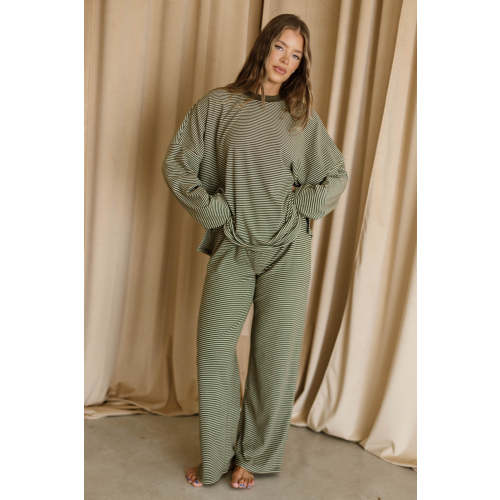 Campbell Mini Stripe Fleece Lounge Pants in Army Green