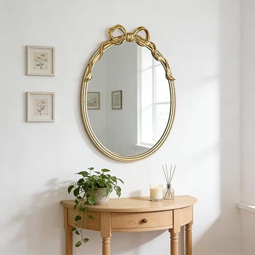 Oval Wall Mirror with Gold Finish, Iron Frame with Decorative Bow Design, Elegant Vintage Style