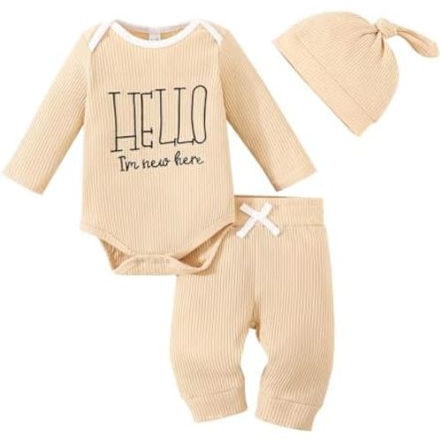 Newborn Baby Boy Clothes Coming Home Outfits Letter Print Ribbed Knitted Cotton Long-Sleeved Romper Pants Set