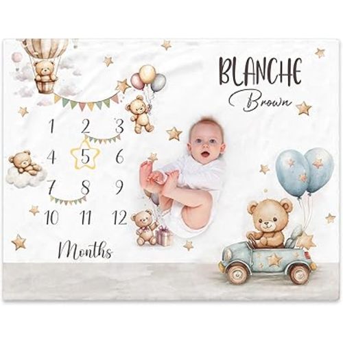 NIBESSER Custom Baby Blanket Personalized Baby Monthly Milestone Blanket for Baby Girls Boys Flannel Customized Baby Blanket with Names Newborn Photo Blanket Gift for Age and Growth