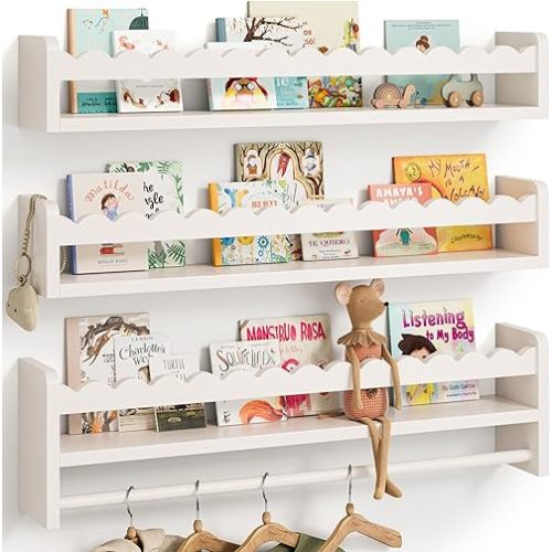 Nursery Book Shelves, Scalloped Shelves, Floating Book Shelves for Wall, Nursery Deocr for Baby, Toddler (White, 23 Inches)