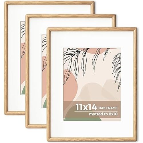Axeman 11x14 Oak Frame Set of 3 - Rounded Corner 11 x 14 Picture Frame Matted to 8x10 - Natural Oak Wood 14x11 Photo Frame with Tempered Glass for Wall Mount Display