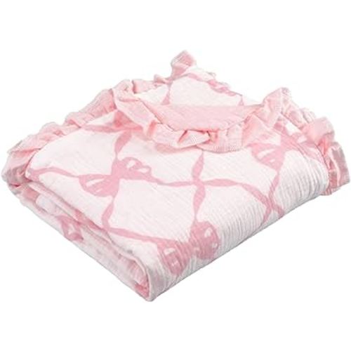 Oudain Pink Bow Flounce Muslin Baby Blankets, Lace Cotton Crib Blanket for Baby Infant Toddler, Soft and Lightweight Nursery Blankets 40"x35"