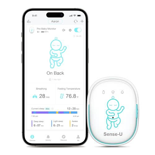 Sense-U Pro Baby Breathing Movement & Sleep Position Monitor with Gentle Vibration Alerts, Temperature Notifications, Audible & App Alerts, Sleep Analysis, Long Battery Life, Easy Clip-On Design