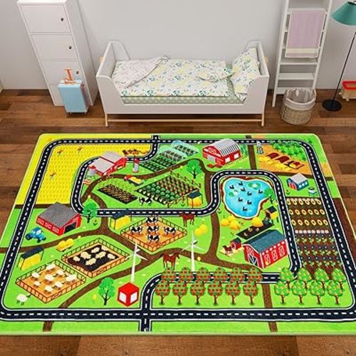 Kids Rug Play Rug for Toy Cars, 39.4"×59" Farm Life Road Traffic for Playroom Kid Car Road Mat Village Map Play Mat Non-Slip Washable Carpet for Toddler Boy Family Tummy Time Playtime