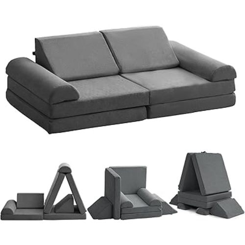 jela Kids Couch Safety Certified Play Couch Soft Kids Sofa with Machine Washable Cover Thick Foam Fort Building Set for Playroom Indoor 57x28x18 Inch (Corduroy, Darkgrey)