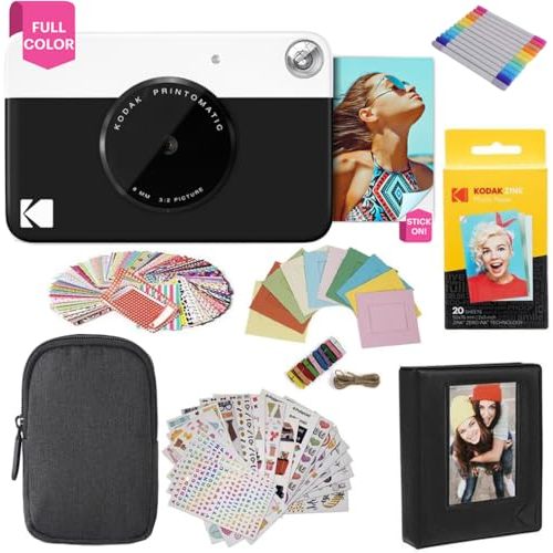 Kodak Printomatic Instant Camera (Black) Gift Bundle + Zink Paper (20 Sheets) + Deluxe Case + 7 Fun Sticker Sets + Twin Tip Markers + Photo Album + Hanging Frames.