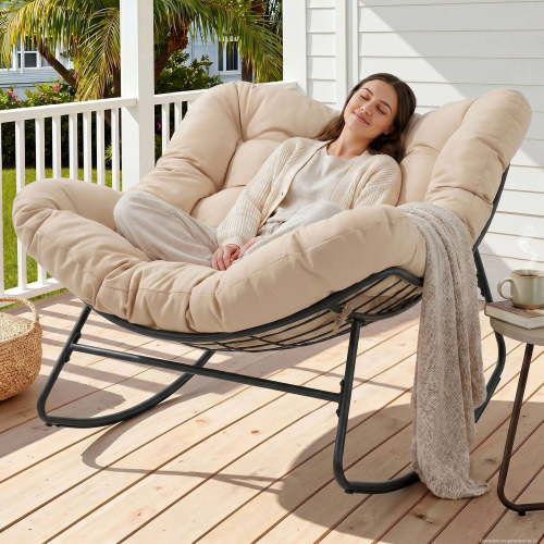 Dovov Oversized Papasan Rocking Chair, Indoor Outdoor Rocking Chair Patio Egg Chair with Cushion, Heavy Duty Steel Papasan Rocker Lounge Chair for Porch Balcony Nursery Living Room, Beige