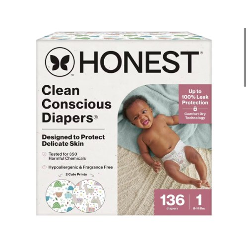 Amazon.com: The Honest Company Comfort Dry Disposable Diapers for Sensitive Skin, Hypoallergenic, All The Alpacas + Turtle Time, Super Club Box Size 1 (8–14 lbs), 136 Count : Baby