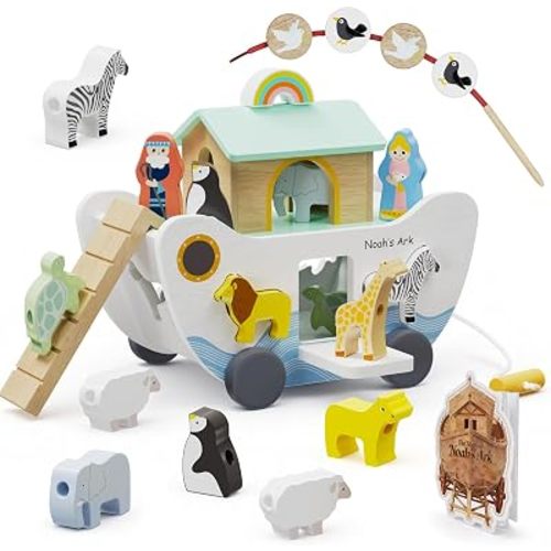 GiggleGems Noah's Ark Wooden Toy - All-in-1 Push Pull Shape Sorter for Toddlers - Montessori Animal Matching Set - Baptism Christening Gift for Birthday, Religious Toys for Boys Girls (18M+)