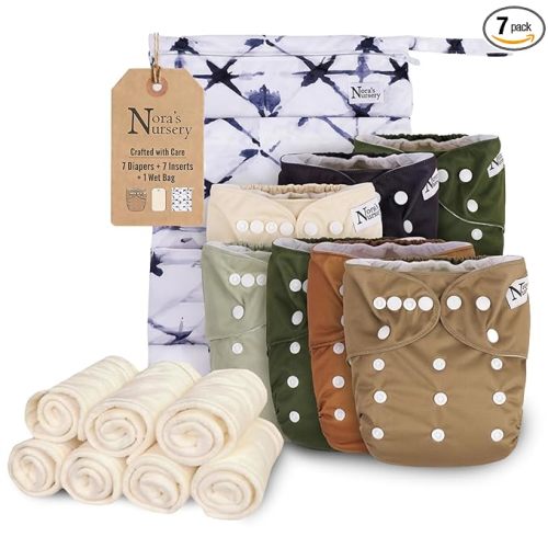 Nora's Nursery Cloth Diapers for Babies (Down to Earth) – 7 Adjustable Baby Reusable Diapers, 7 Inserts & 1 Wet Bag From Newborns to Toddlers – One-Size Pocket No-Leak, Washable Design to Reduce Waste